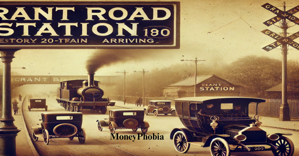 Vintage railway station sign reading "Grant Road Station" with an old steam train arriving. The background features an early 20th-century road with classic cars and horse-drawn carriages, illustrating the historical link between roads and railway stations.