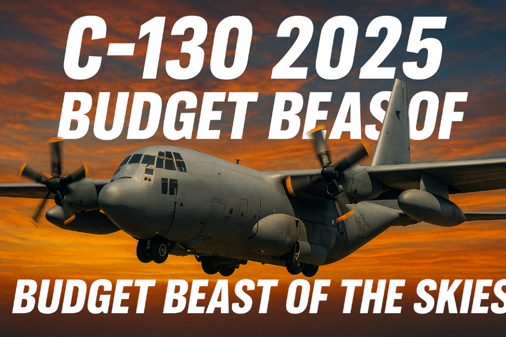 Lockheed C-130 Hercules aircraft flying during a colorful sunset, with bold text 'C-130 2025' and 'Budget Beast of the Skies!' displayed above the plane