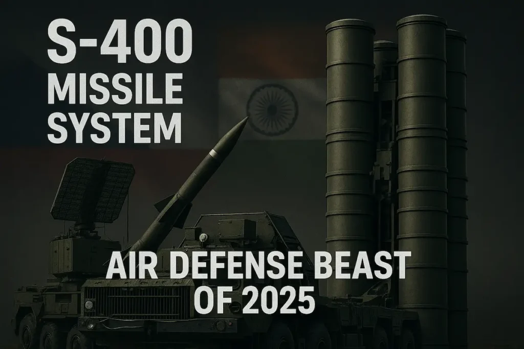 An S-400 missile system featuring radar, missile launchers, and support vehicle, with the Indian and Russian flags faintly visible in the background. Bold white text reads "S-400 Missile System" and "Air Defense Beast of 2025.