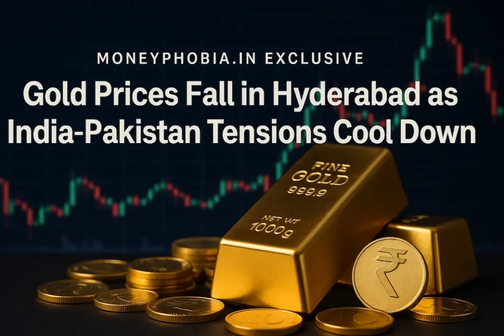 Gold bars and coins with stock chart background – Gold price falls in Hyderabad as India-Pakistan tensions ease – MoneyPhobia.in Exclusive