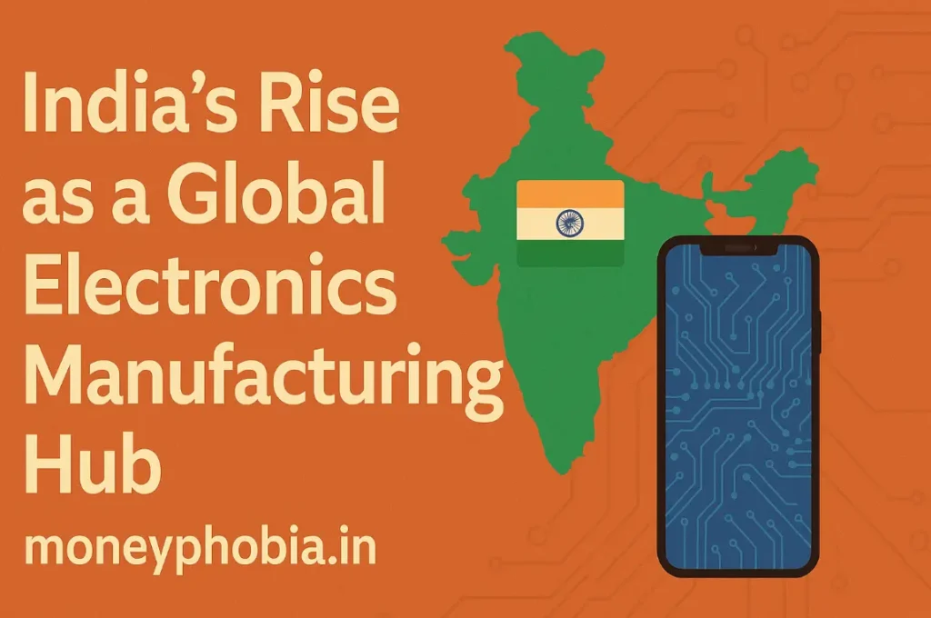 Map of India with circuit board and smartphone graphics, highlighting India’s growth in electronics manufacturing for Moneyphobia.in