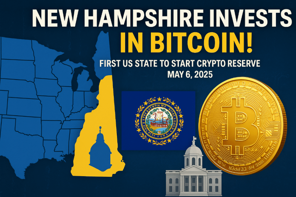 New Hampshire becomes first US state to invest in Bitcoin with new reserve law signed on May 6, 2025, featuring state map, Bitcoin coin, and government building