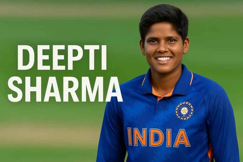 Portrait of Deepti Sharma, Indian cricketer, wearing team jersey and smiling during a match