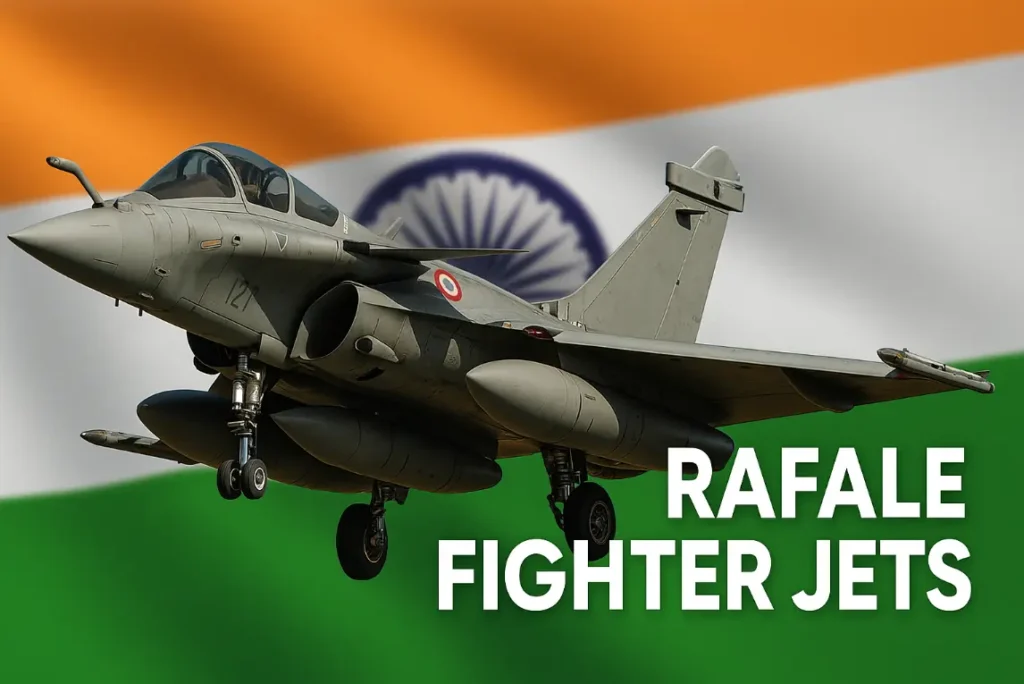 A Dassault Rafale fighter jet flying with landing gear extended, set against the backdrop of the Indian flag, with bold white text reading "Rafale Fighter Jets" in the bottom right corner.