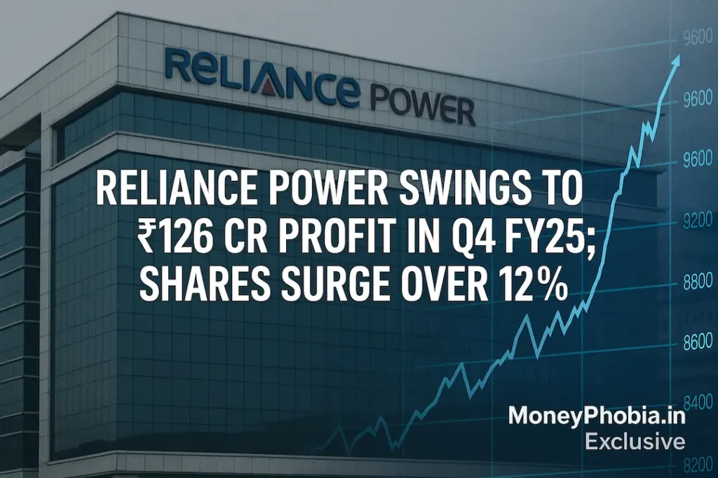 reliance power q4 fy25 profit Reliance Power headquarters with stock market chart overlay