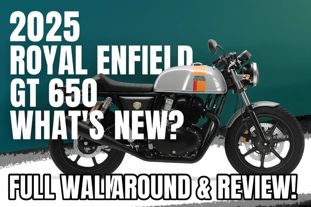 2025 Royal Enfield GT 650 motorcycle featured with bold text promoting a full walkaround and review.