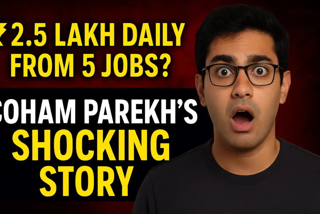 The Controversial Rise of Soham Parekh: India’s “Moonlighting Maverick” in Silicon Valley 1 Surprised young man with glasses next to bold text reading ₹2.5 Lakh Daily from 5 Jobs? Soham Parekh’s Shocking Story