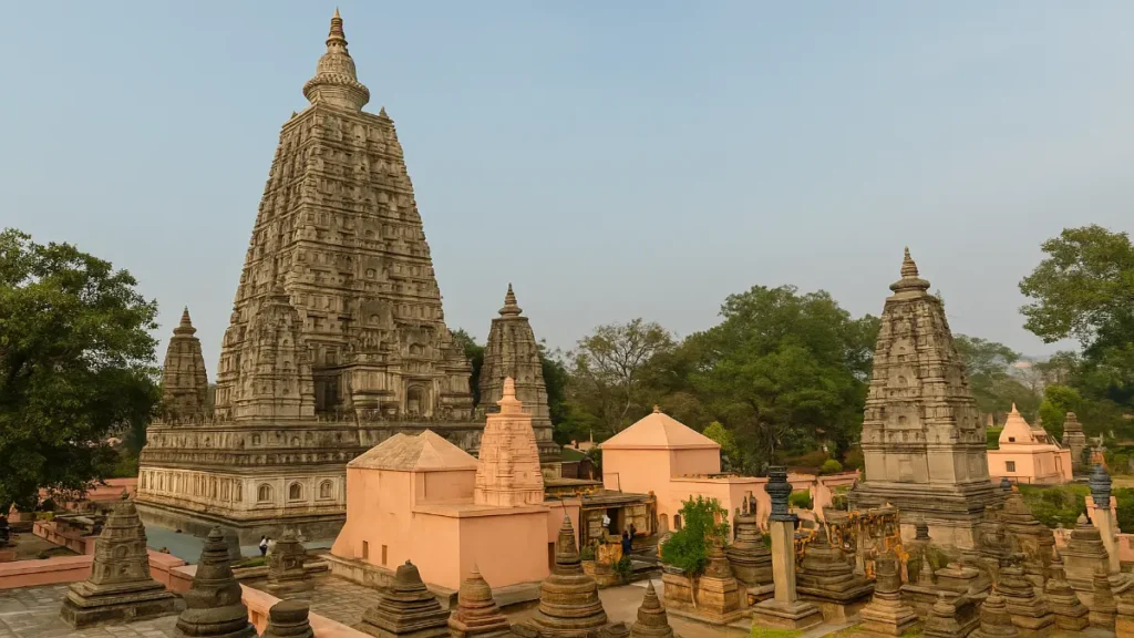 Mahabodhi Temple in Bodh Gaya, a famous historical and religious site in Bihar, surrounded by small stupas and trees