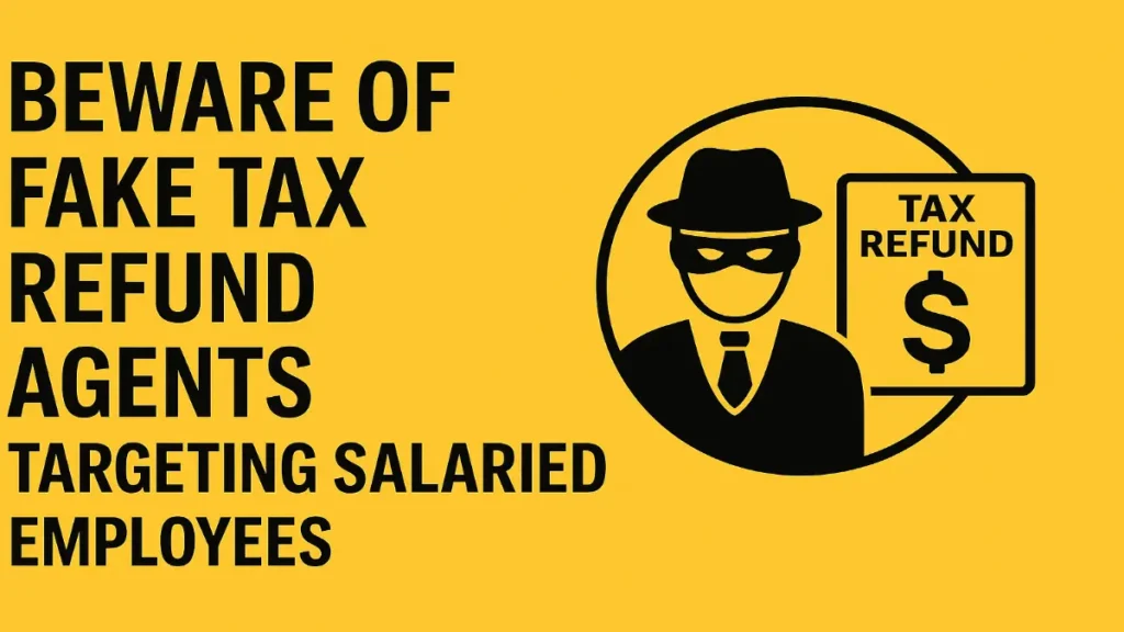 Beware of Fake Tax Refund Agents Targeting Salaried Employees 1 Graphic warning about fake tax refund agents targeting salaried employees in India, with bold caution text and a masked figure symbolizing fraud.