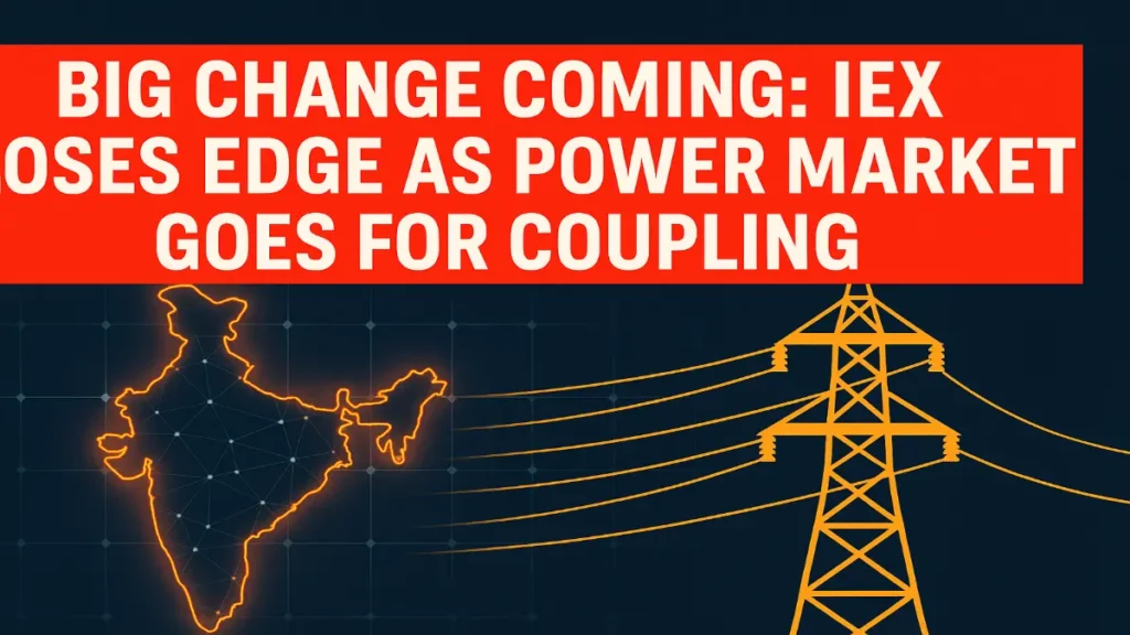 Big Shake Up Coming IEX Loses Edge as Power Market Goes for Coupling in 2026 1 India map and power tower with headline about IEX losing edge as market coupling begins