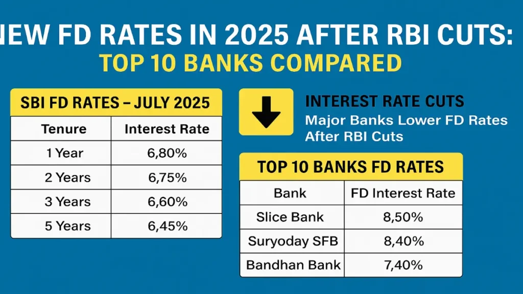New FD rates in 2025 after RBI cuts comparing top 10 banks' fixed deposit interest rates including SBI, Slice Bank, Suryoday SFB, and Bandhan Bank