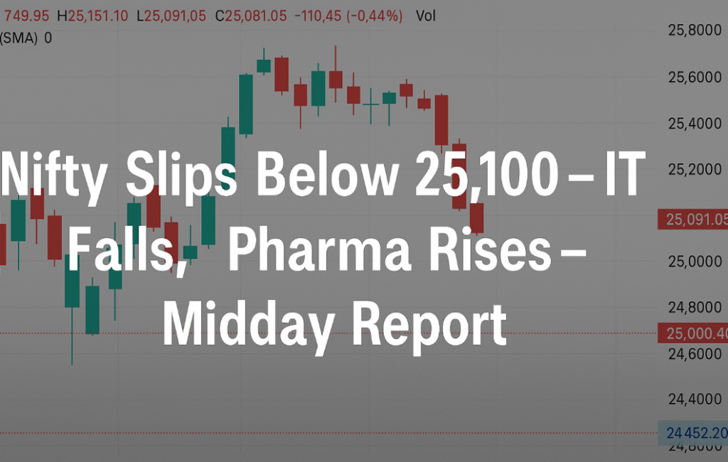 Stock market midday update on July 14, 2025, showing Nifty slipping below 25,100, IT sector declining, and Pharma sector gaining.