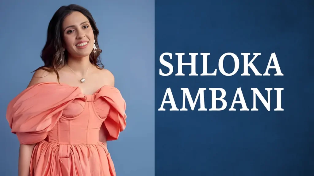 Shloka Ambani portrait in navy blue saree for news article on her biography and social work