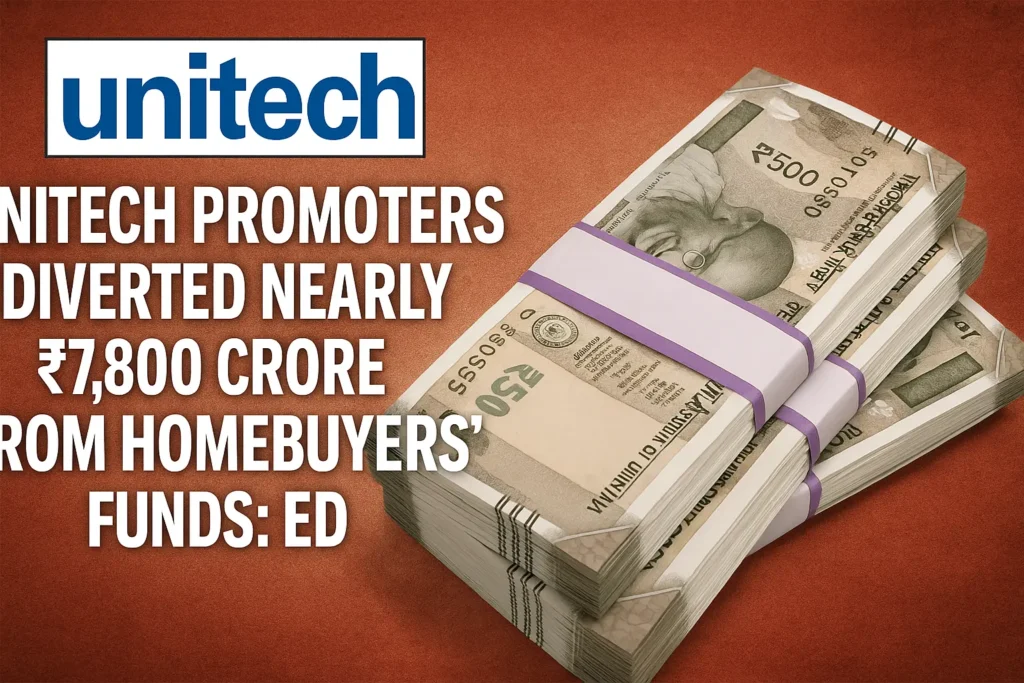 Unitech promoters accused of diverting ₹7,800 crore from homebuyers’ funds, according to ED.