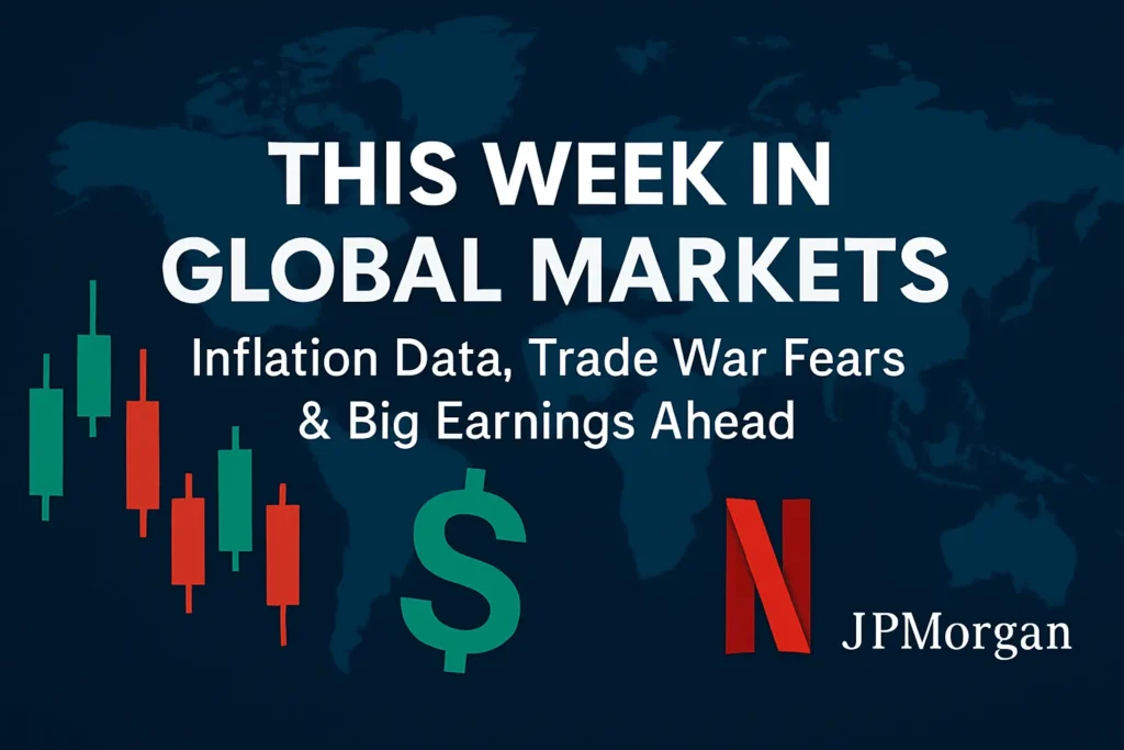 Weekly Global Market Outlook – July 14 to 18, 2025 1 Weekly global market outlook showing candlestick chart, dollar sign, and logos of JPMorgan and Netflix with a world map background, highlighting key financial events for July 14–18, 2025.