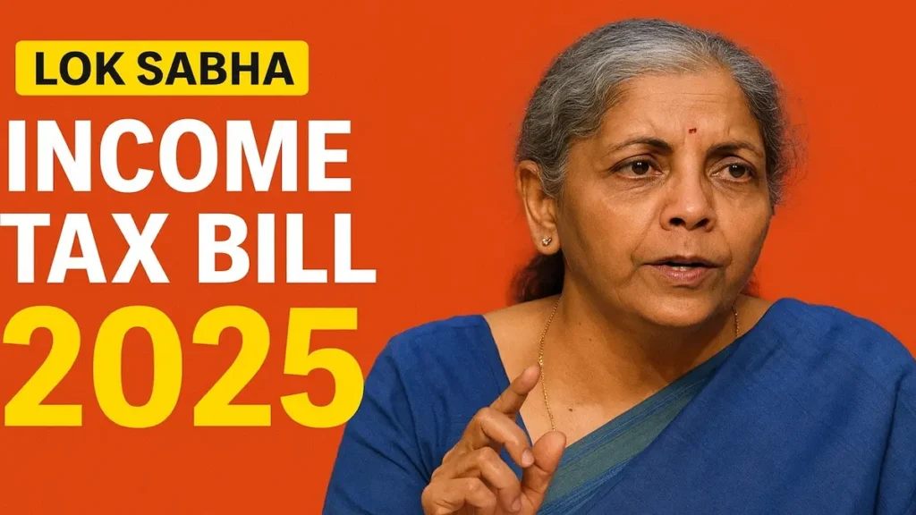 Nirmala Sitharaman presenting the new Income Tax Bill 2025 in Lok Sabha with bold headline